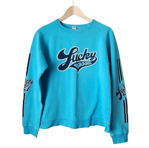 LUCKY BRAND x VINTAGE Y2K 2000s Stripe Sleeve crewneck logo Sweatshirt in blue M - Picture 1 of 8